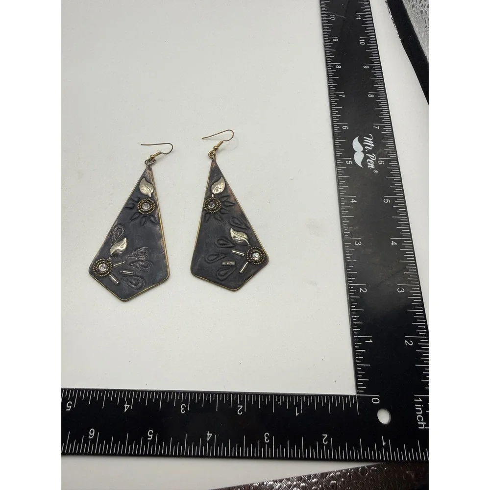 Vintage Artisan Mixed Metal Geometric Kite Drop‎ Earrings Leaf Statement